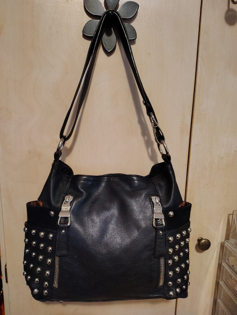 B Makowsky Black Studded Leather Shoulder/Crossbody Handbag